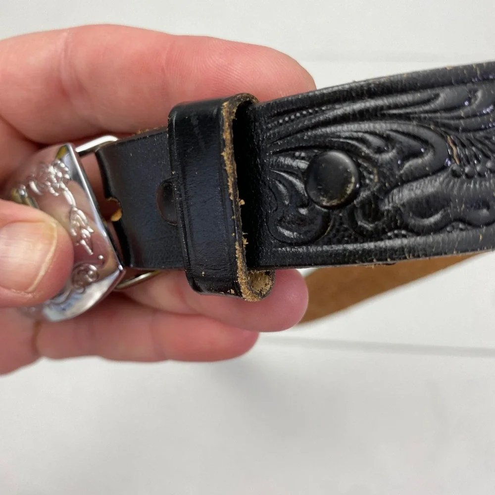 Justin Western Floral Tooled Leather Belt Kids Size 24 Black Cowboy Buckle vtg